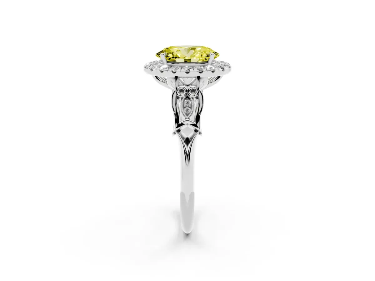 Fancy Yellow Oval Cut Halo Diamond Engagement Ring with Filigree Band and Four-Prong Setting Platinum
