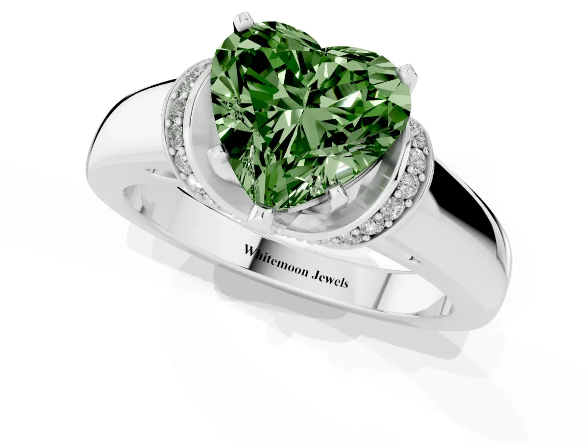 Fancy Green Heart Cut Solitaire Diamond Ring with Pave Band and Six-Prong Setting Platinum