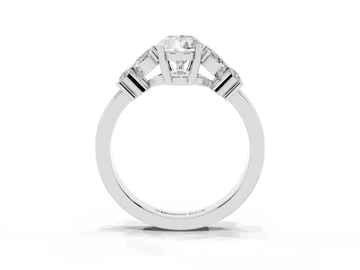 Pear Cut Diamond Floral Cluster Ring with Solitaire Band and Prong Setting Silver
