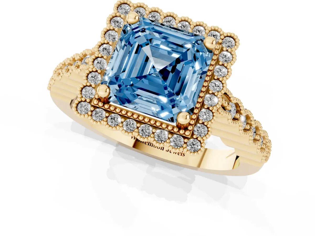 Fancy Blue Asscher Cut Cut Halo Pavé Solitaire Ring with Milgrain Band Yellow gold