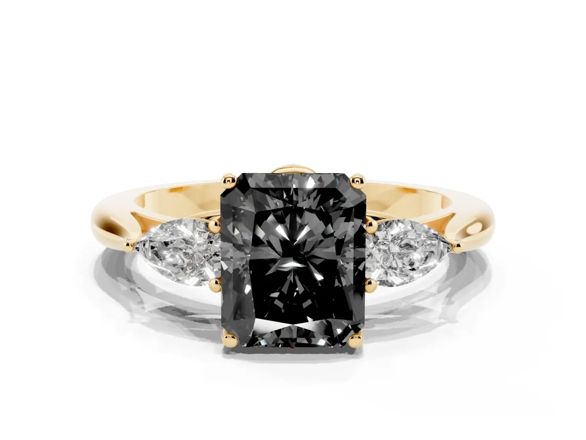 Fancy Black Three-Stone Radiant Cut Brilliant Diamond Solitaire Ring with Tapered Band and Four-Prong Setting Yellow gold