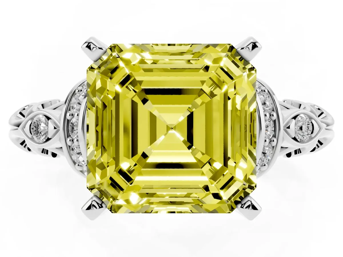 Fancy Yellow Asscher Cut Diamond Solitaire Ring with Filigree Band and Four-Prong Setting Silver