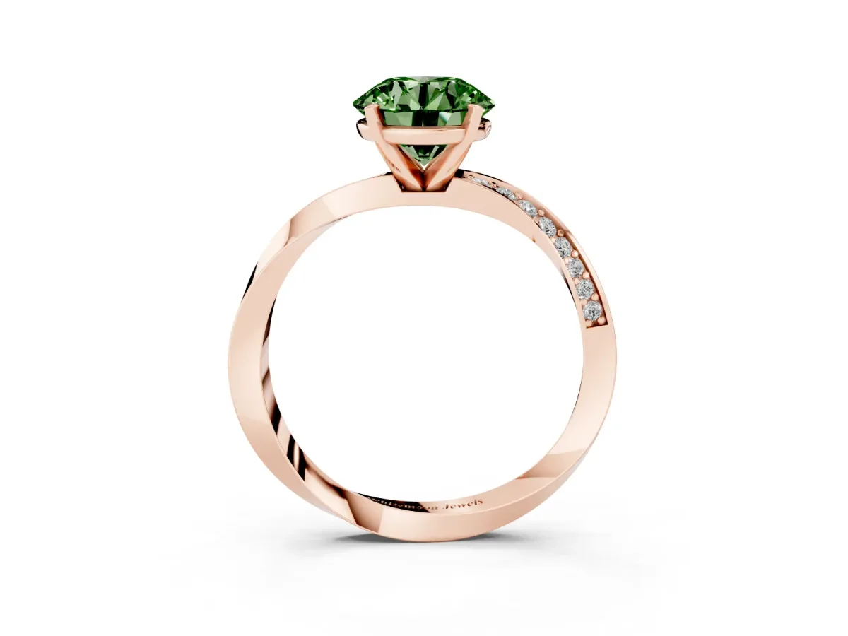 Fancy Green Round Cut Diamond Engagement Ring with Side Stone Accents and Four-Prong Setting Rose gold