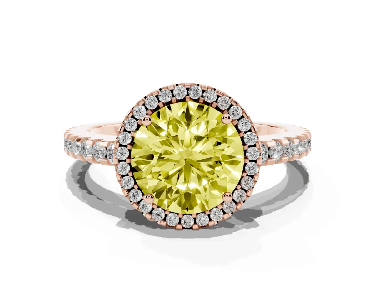 Fancy Yellow Round Cut Diamond Halo Engagement Ring with Pavé Band and Prong Setting Rose gold