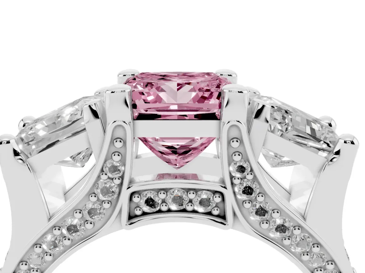 Fancy Pink Princess Cut Diamond Three-Stone Ring with Channel Set Band and Four-Prong Setting Silver