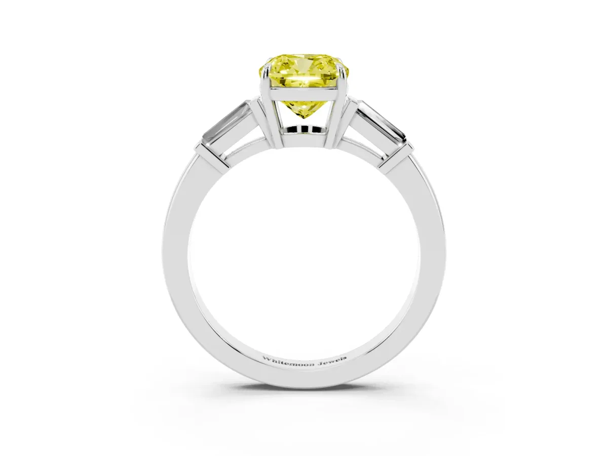 Fancy Yellow Cushion Cut Diamond Three-Stone Ring with Tapered Baguette Side Stones and Prong Setting Silver