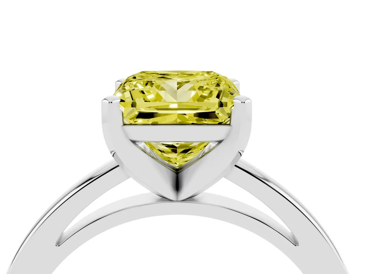 Fancy Yellow Princess Cut Solitaire Diamond Engagement Ring with Four-Prong Setting on a Classic Band Silver