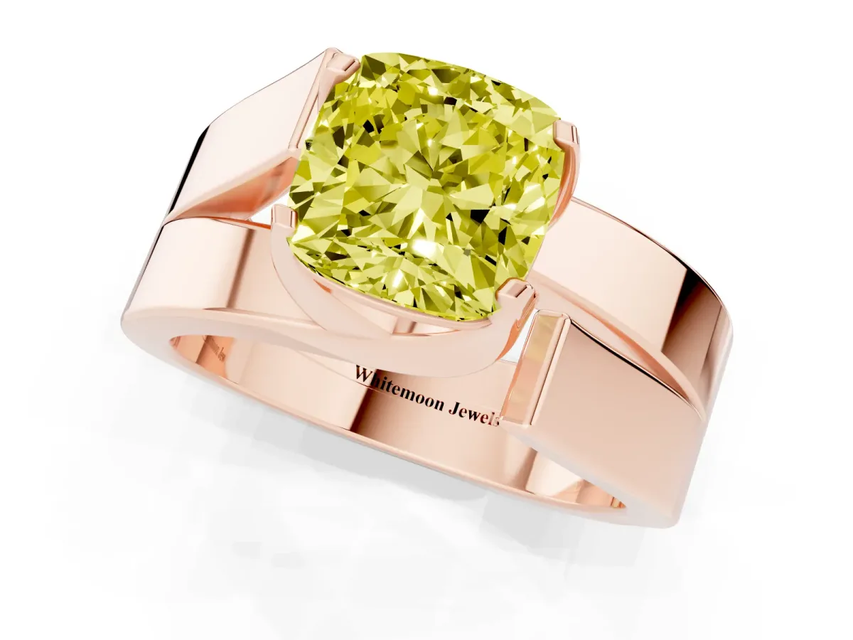 Fancy Yellow Modern Tension Set Cushion Cut Diamond Solitaire Wide Band Ring Rose gold