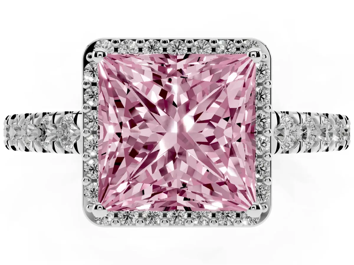 Fancy Pink Princess Cut Cut Halo Diamond Engagement Ring with Pave Band and Four-Prong Setting Platinum