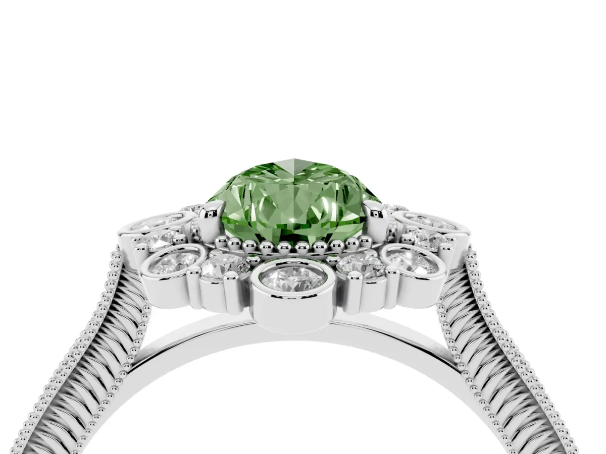 Fancy Green Pear Cut Halo Milgrain Pave Diamond Ring with Four-Prong Setting Silver