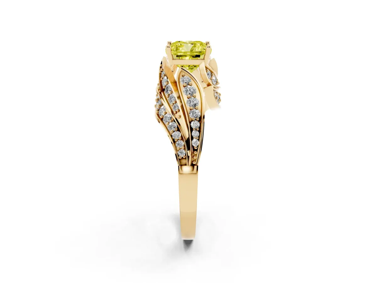 Fancy Yellow Cushion Cut Diamond Solitaire Ring with Prong Setting and Twisted Pavé Band Yellow gold