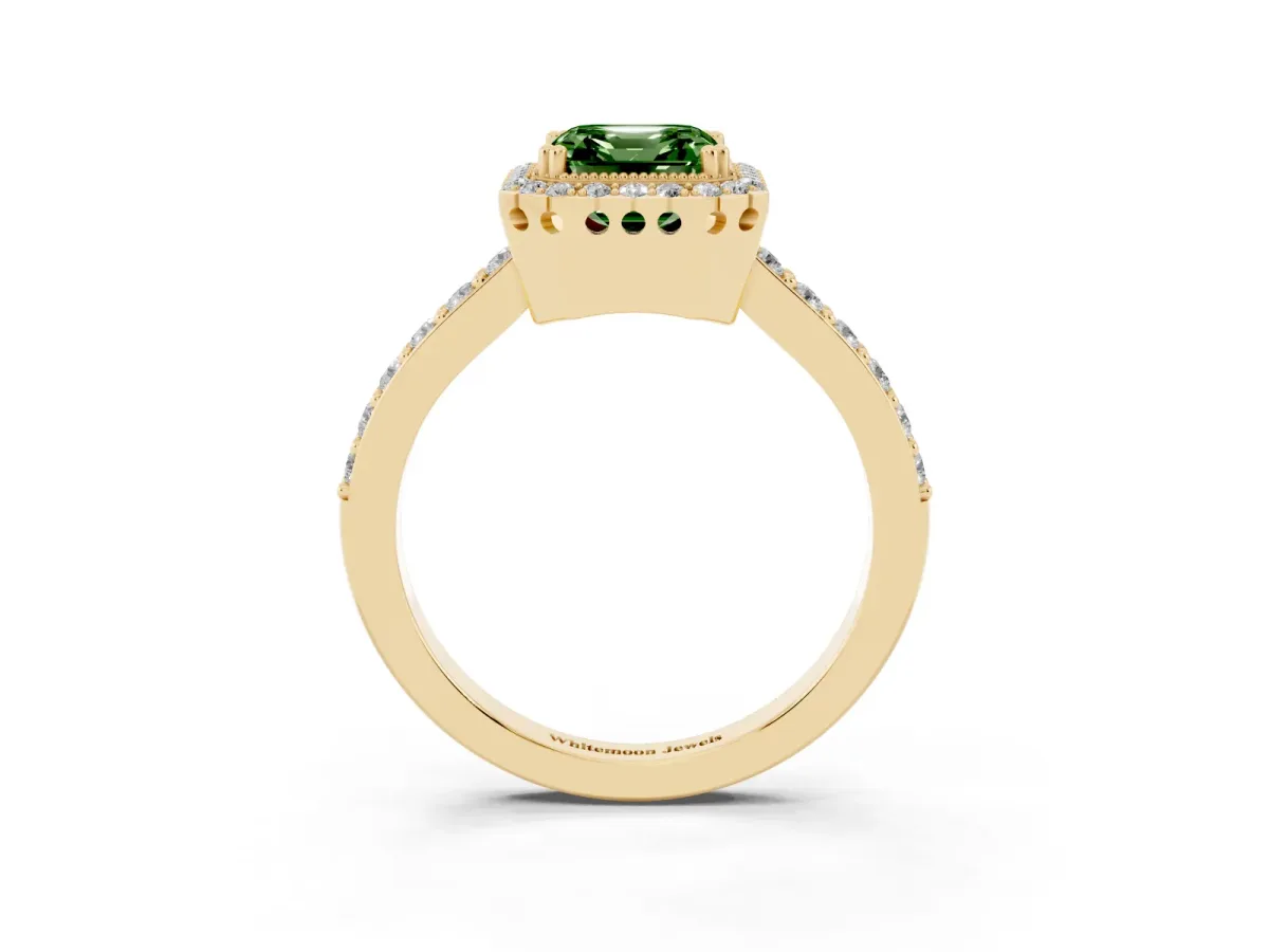 Fancy Green Asscher Cut Cut Diamond Halo Engagement Ring with Milgrain Detail and Pavé Band Yellow gold