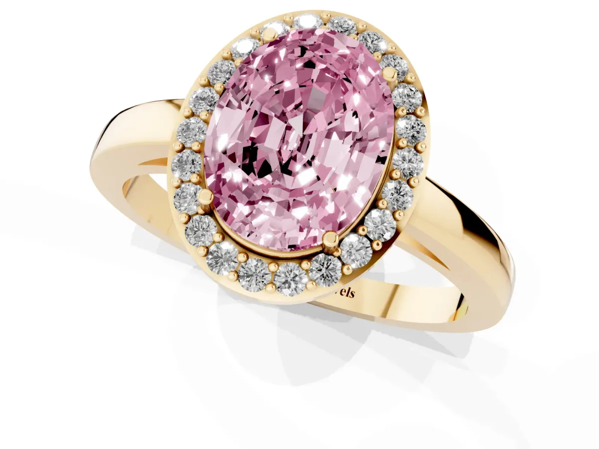 Fancy Pink Oval Cut Halo Diamond Ring with Solitaire Band and Prong Setting Yellow gold