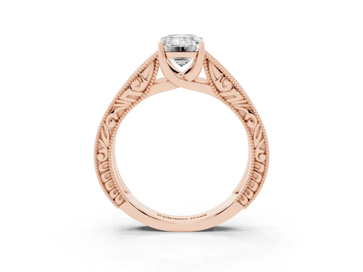 Emerald Cut Diamond Solitaire Ring with Engraved Band and Four-Prong Setting Rose gold