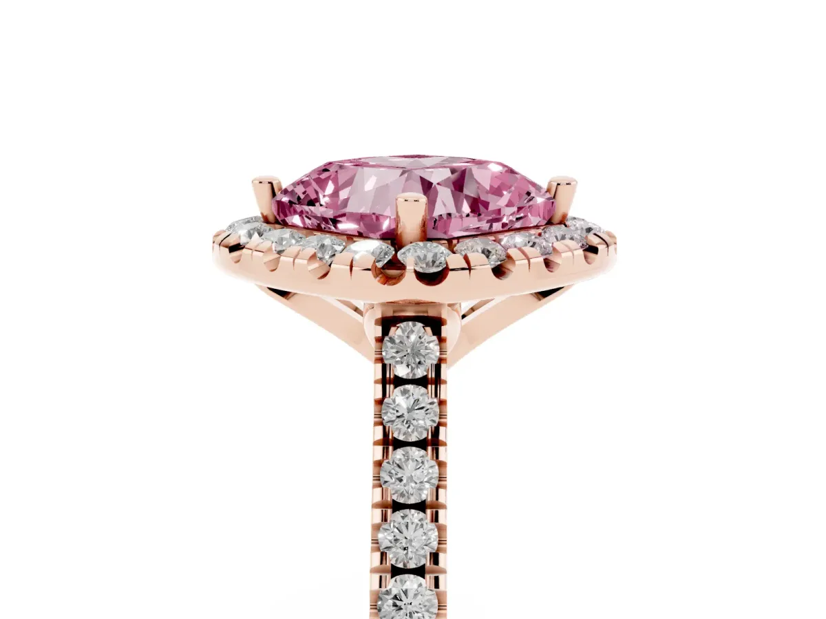 Fancy Pink Cushion Cut Diamond Cushion Halo Ring with Pavé Band Rose gold