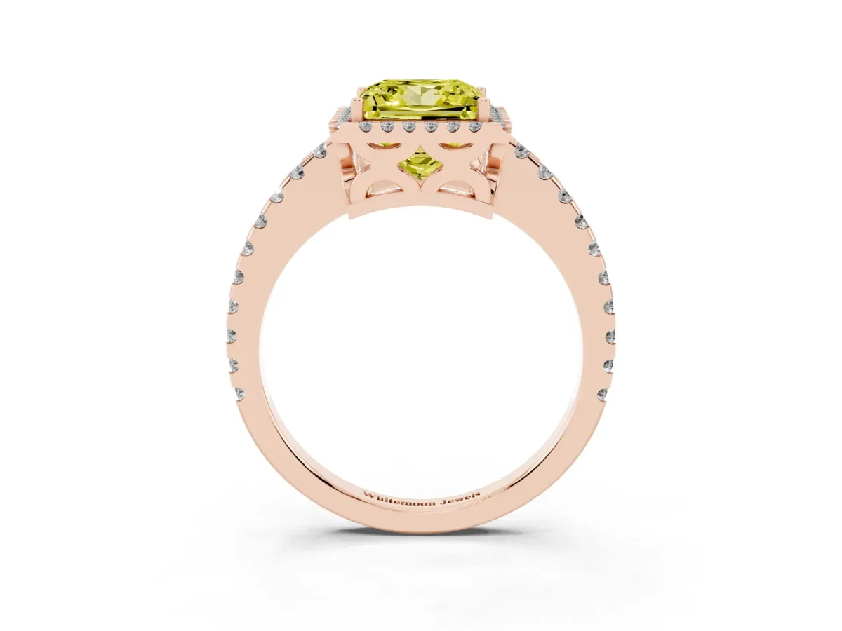 Fancy Yellow Princess Cut Diamond Halo Engagement Ring with Pavé Band and Prong Setting Rose gold