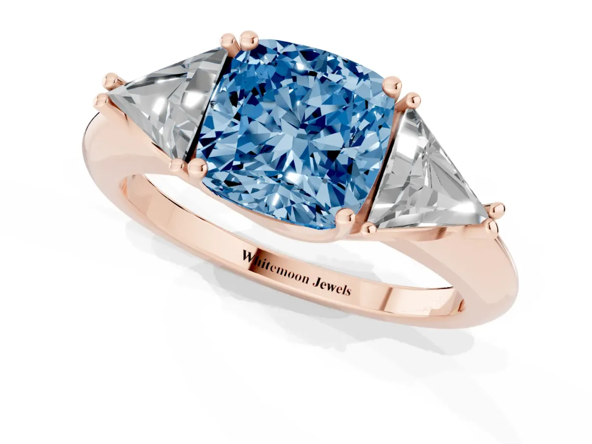 Fancy Blue Three-Stone Cushion Cut Diamond Engagement Ring with Trillion Side Stones and Prong Setting Rose gold