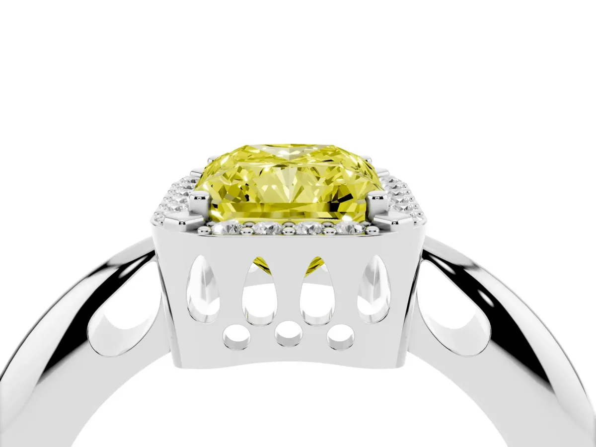 Fancy Yellow Radiant Cut Cut Diamond Halo Engagement Ring with Split Shank and Four-Prong Setting Silver