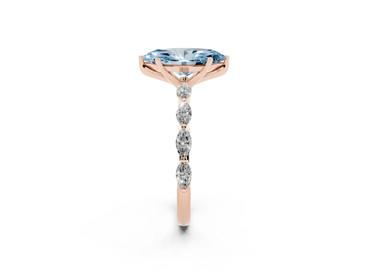 Fancy Blue Marquise Cut Diamond Ring with Marquise Side Stones and Prong Setting Rose gold