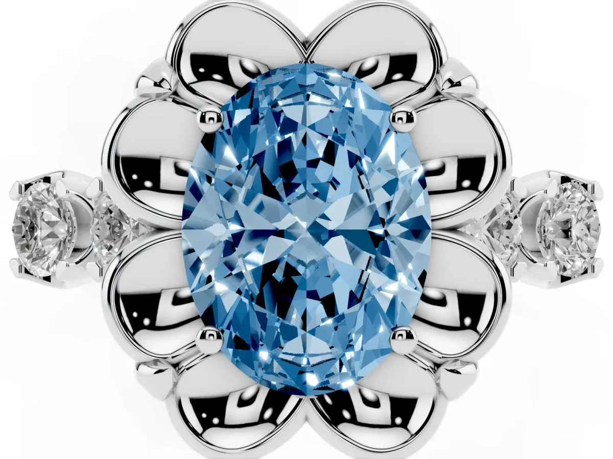 Fancy Blue Oval Cut Cut Diamond Floral Halo Engagement Ring with Shared Prong Setting Platinum