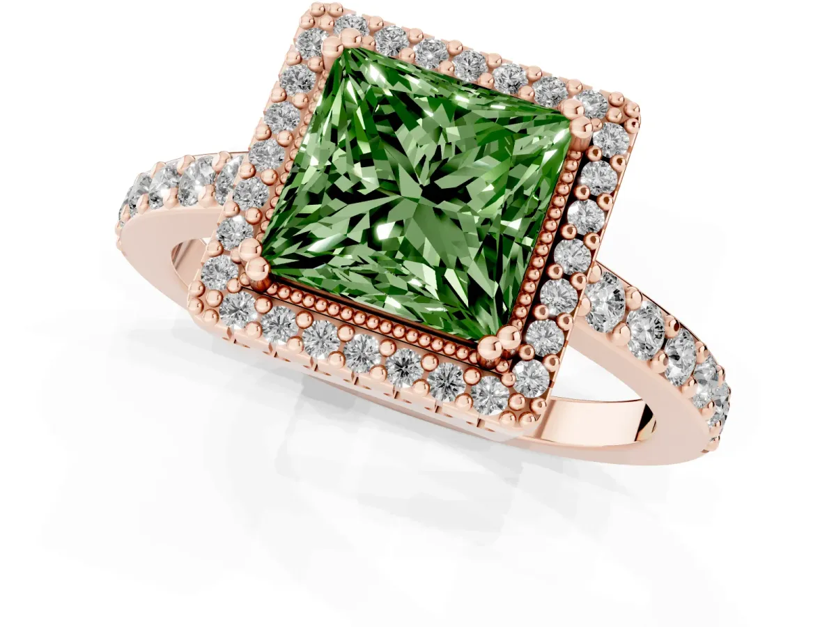 Fancy Green Princess Cut Cut Diamond Halo Engagement Ring with Milgrain Detail and Pavé Band Rose gold