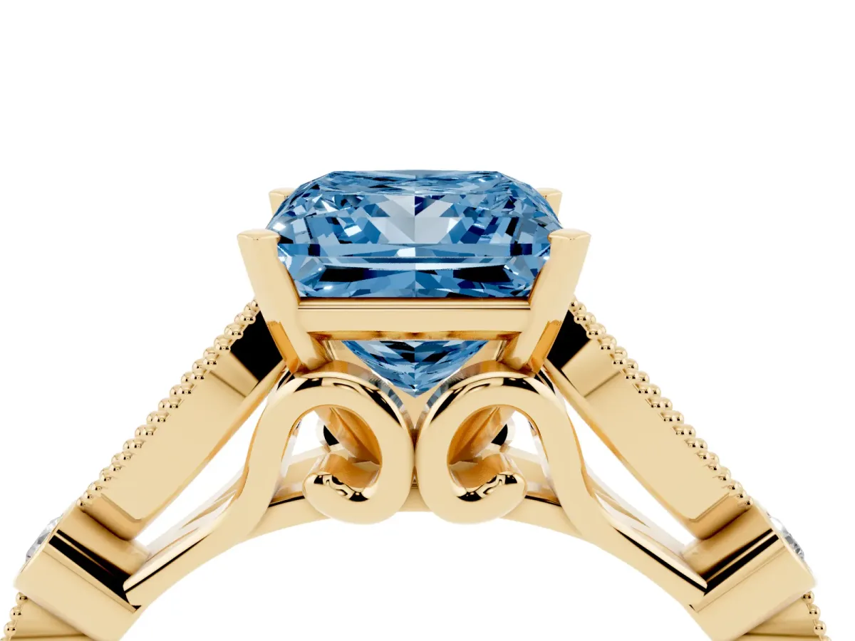 Fancy Blue Princess Cut Cut Diamond with Milgrain Marquise and Bezel Accents on a Solitaire Band with Prong Setting Yellow gold