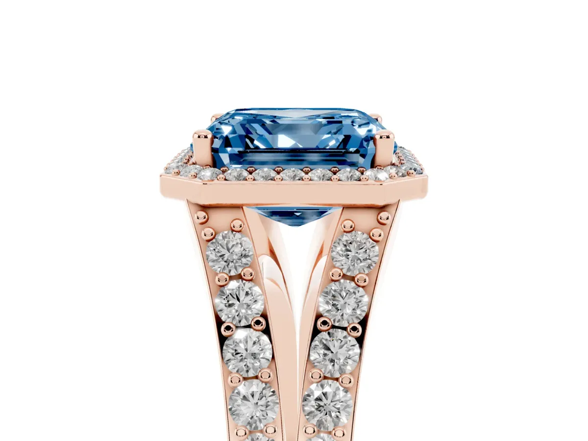 Fancy Blue Asscher Cut Diamond Split Shank Halo Ring with Four-Prong Setting Rose gold