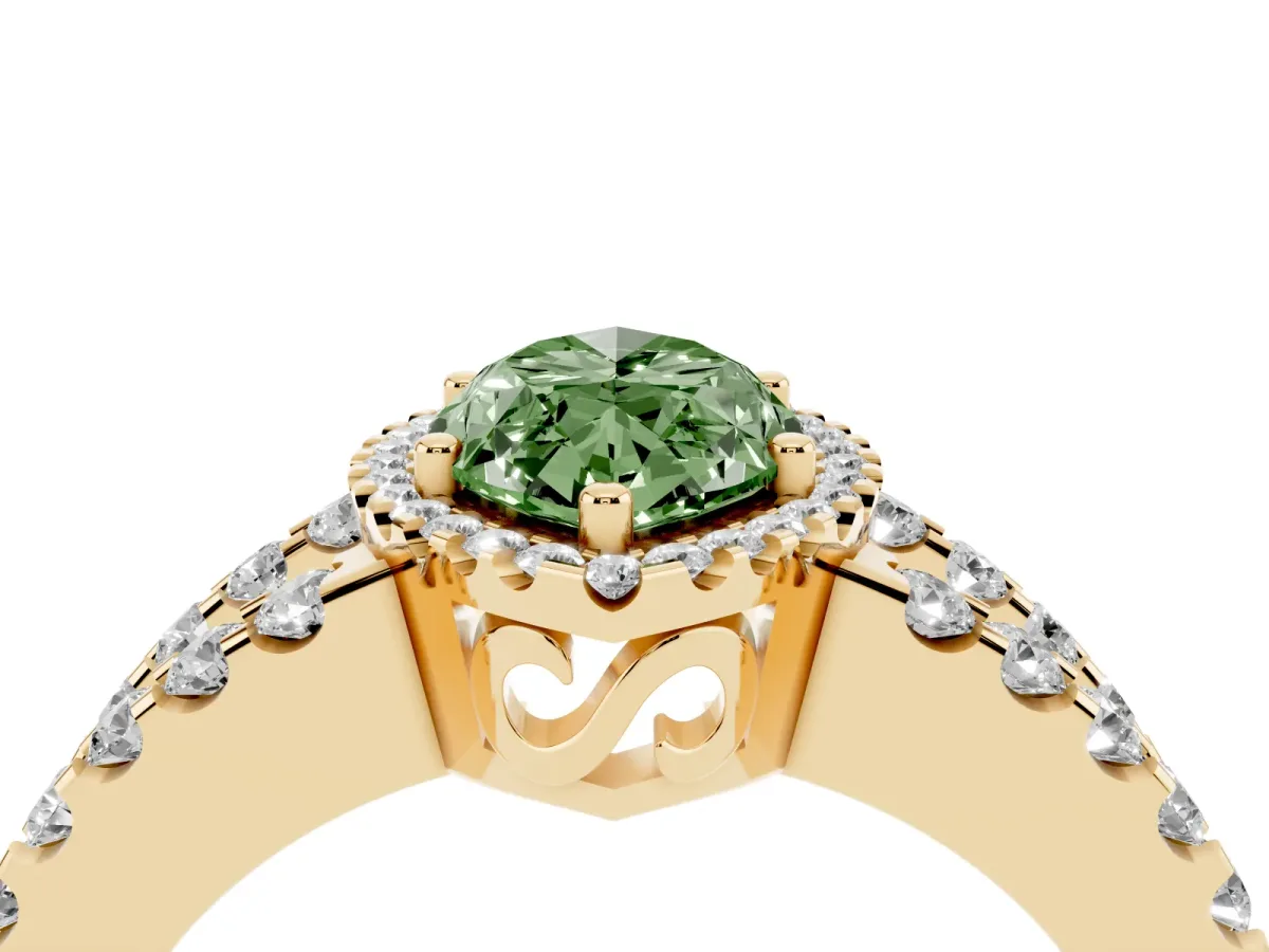 Fancy Green Marquise Cut Cut Halo Split Shank Diamond Ring with Four-Prong Setting Yellow gold
