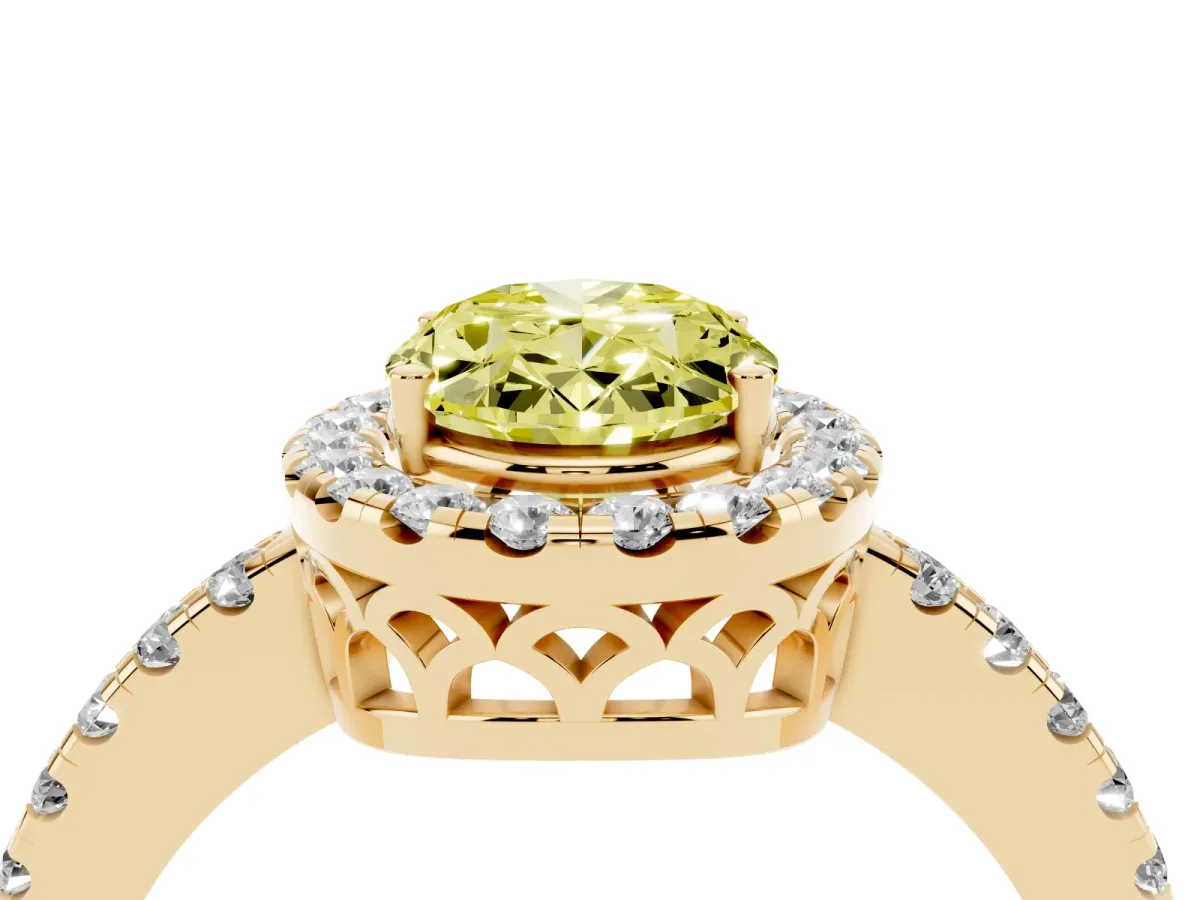 Fancy Yellow Oval Cut Halo Diamond Engagement Ring with Pavé Band and Four-Prong Setting Yellow gold