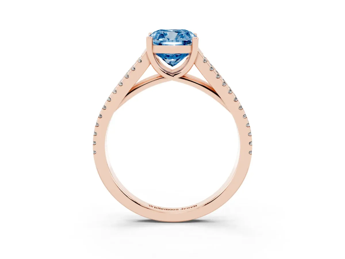 Fancy Blue Cushion Cut Diamond Solitaire Engagement Ring with Split Shank Pavé Band Rose gold