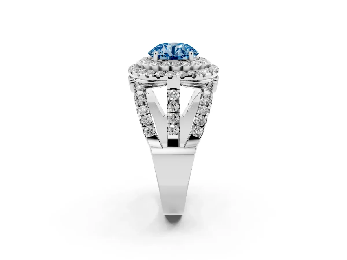 Fancy Blue Round Cut Diamond Double Halo Ring with Round Pavé Split Shank and Prong Setting Silver