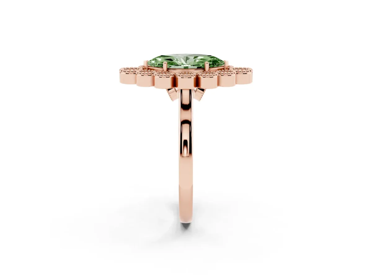 Fancy Green Marquise Cut Halo Diamond Cluster Engagement Ring with Milgrain Bezel Setting and Solitaire Band Rose gold