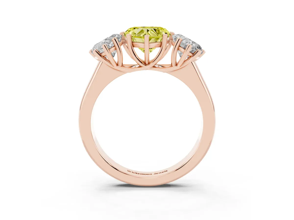 Fancy Yellow Heart Cut Three-Stone Diamond Ring with Prong Setting on a Classic Band Rose gold