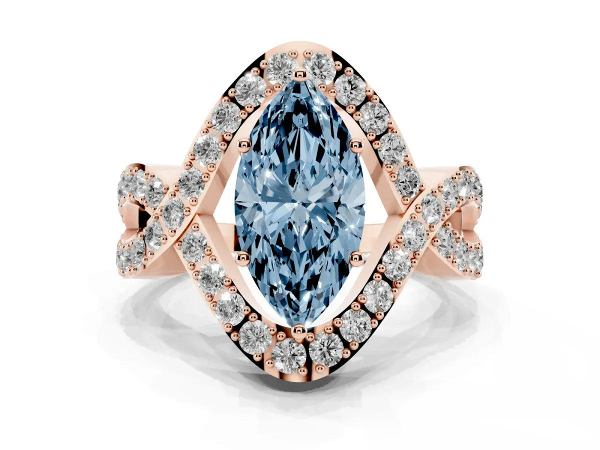 Fancy Blue Marquise Cut Solitaire Twist Band Pavé Diamond Engagement Ring Rose gold