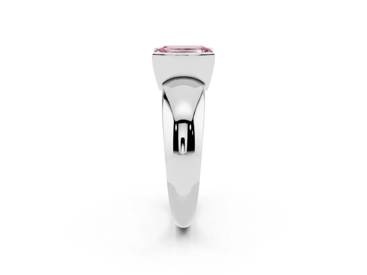 Fancy Pink Emerald Cut Solitaire Tension Set Diamond Ring with Wide Band White gold