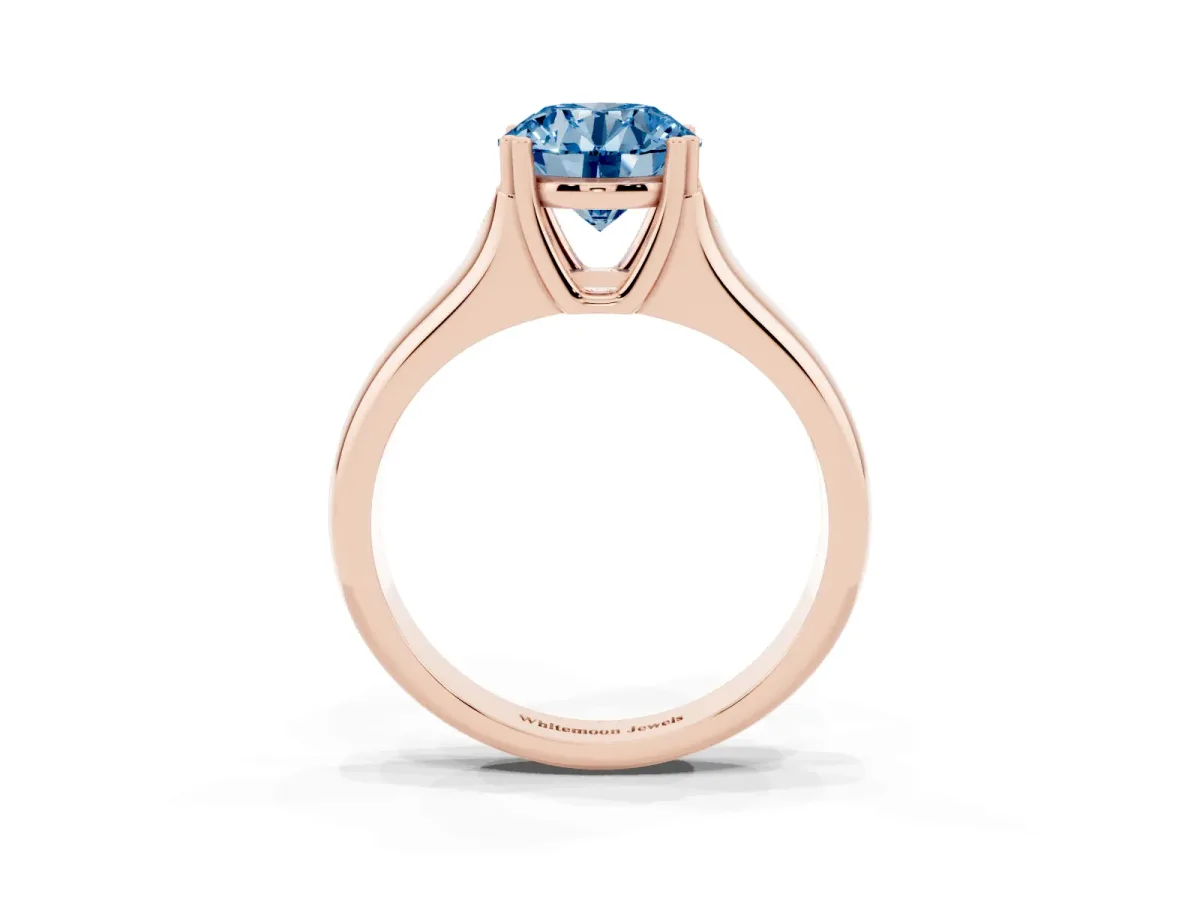 Fancy Blue Round Cut Diamond Solitaire Ring with Wide Band and Prong Setting Rose gold