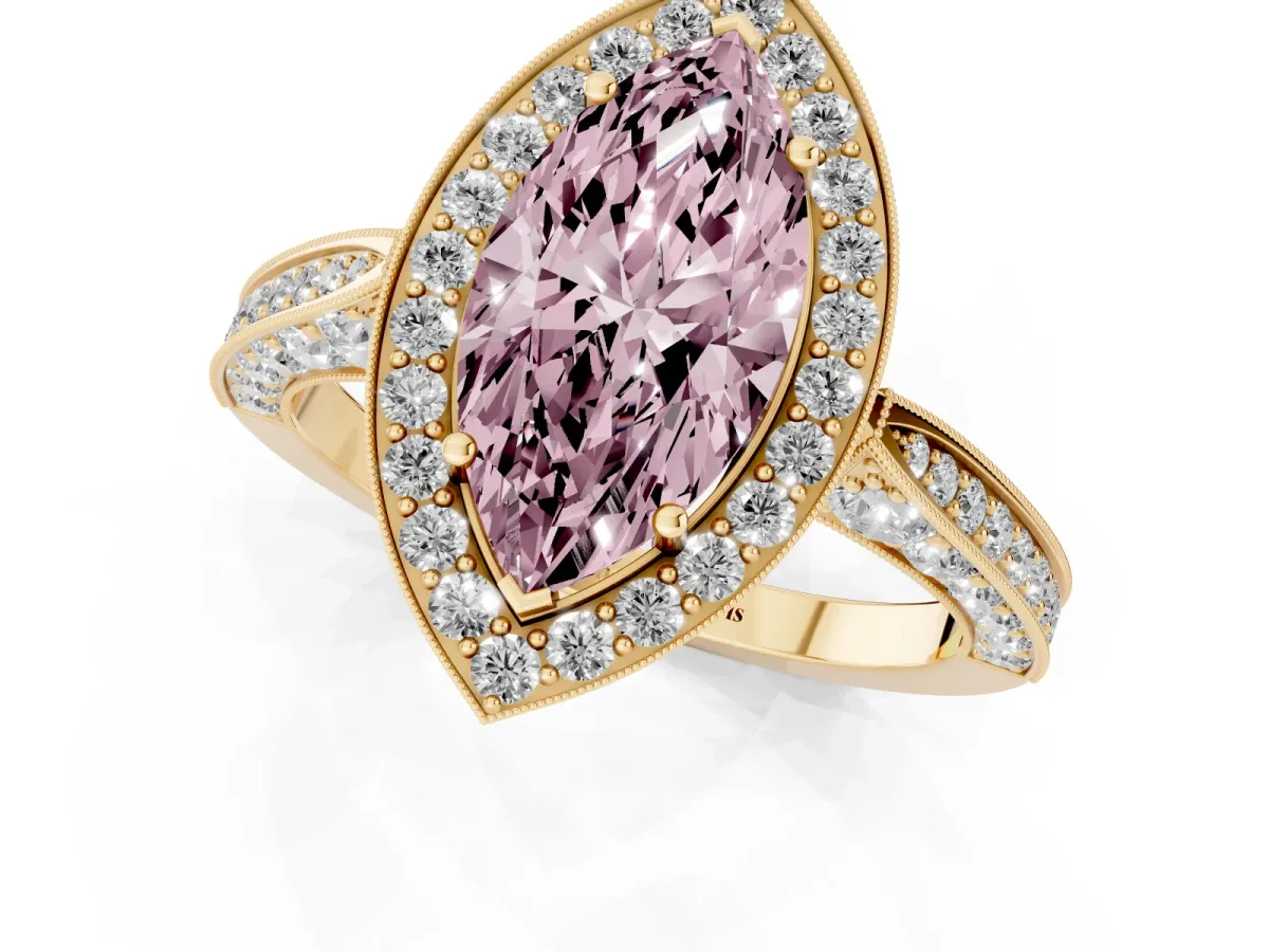 Fancy Pink Marquise Cut Halo Diamond Engagement Ring with Split Shank Band and Four-Prong Setting Yellow gold
