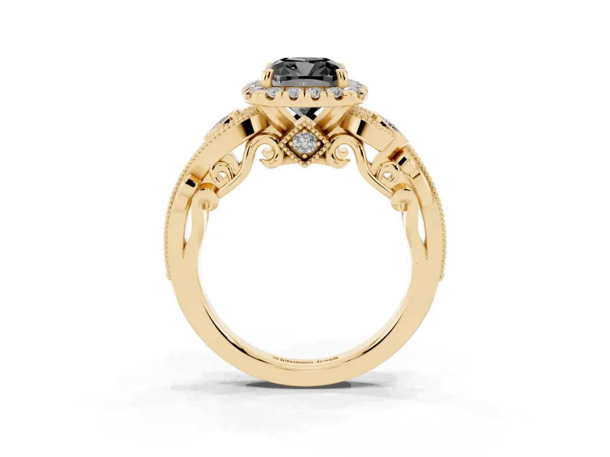 Fancy Black Cushion Cut Halo Diamond Ring with Milgrain and Bezel Accents on a Split Shank Band Yellow gold