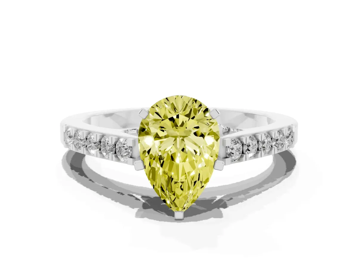 Fancy Yellow Pear Cut Diamond Solitaire Ring with Crossover Gallery and Round Pavé Band Silver