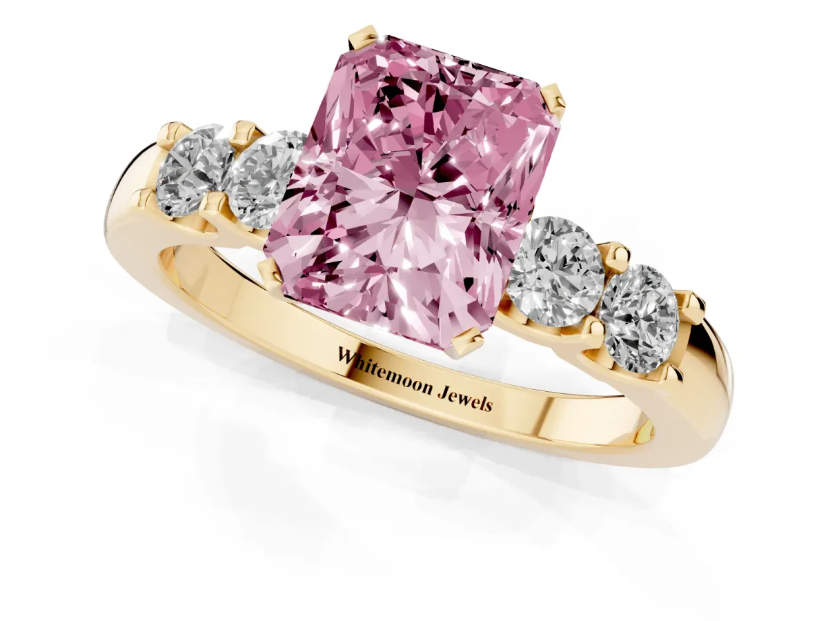 Fancy Pink Radiant Cut Brilliant Cut Diamond Five-Stone Prong Set Engagement Ring with Channel Band Yellow gold