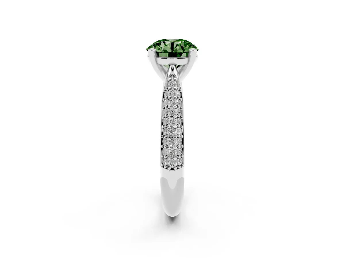 Fancy Green Round Cut Diamond Solitaire Engagement Ring with Multi-Row Round Pavé Band and Prong Setting White gold