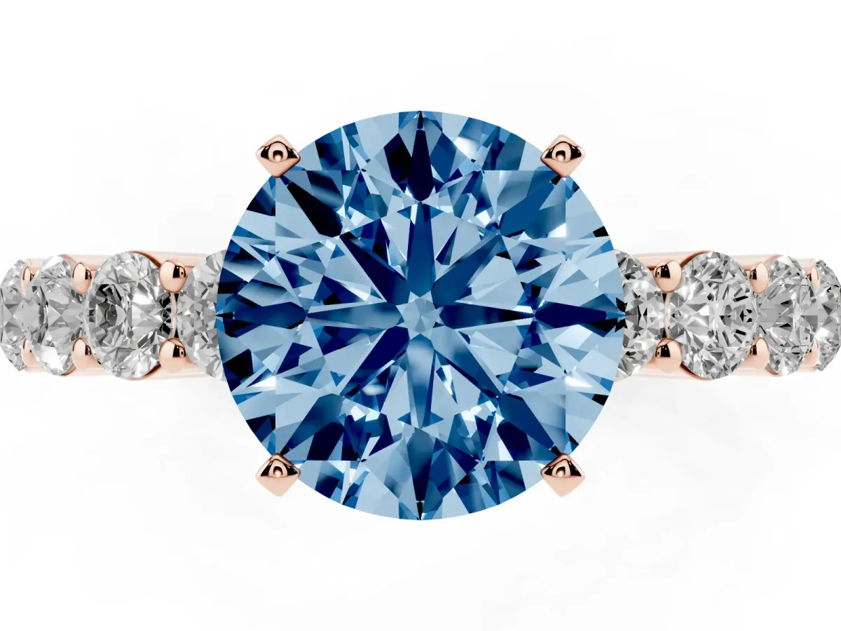 Fancy Blue Round Cut Diamond Solitaire Ring with Shared Prong Round Side Stones Rose gold