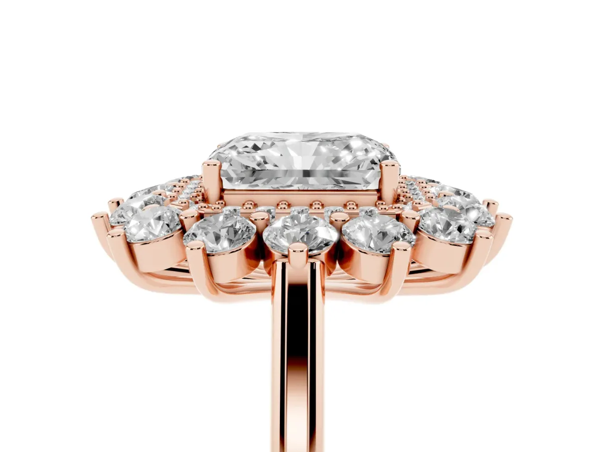Radiant Cut Diamond Floral Double Halo Engagement Ring with Prong Setting Rose gold