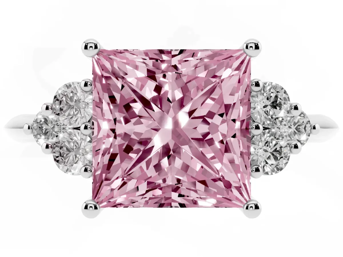 Fancy Pink Princess Cut Cut Diamond Cluster Ring with Solitaire Band and Four-Prong Setting Silver