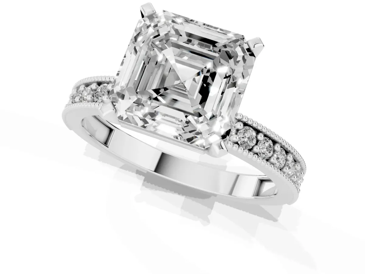 Asscher Cut Diamond Milgrain Pavé Engagement Ring with Four-Prong Setting Silver