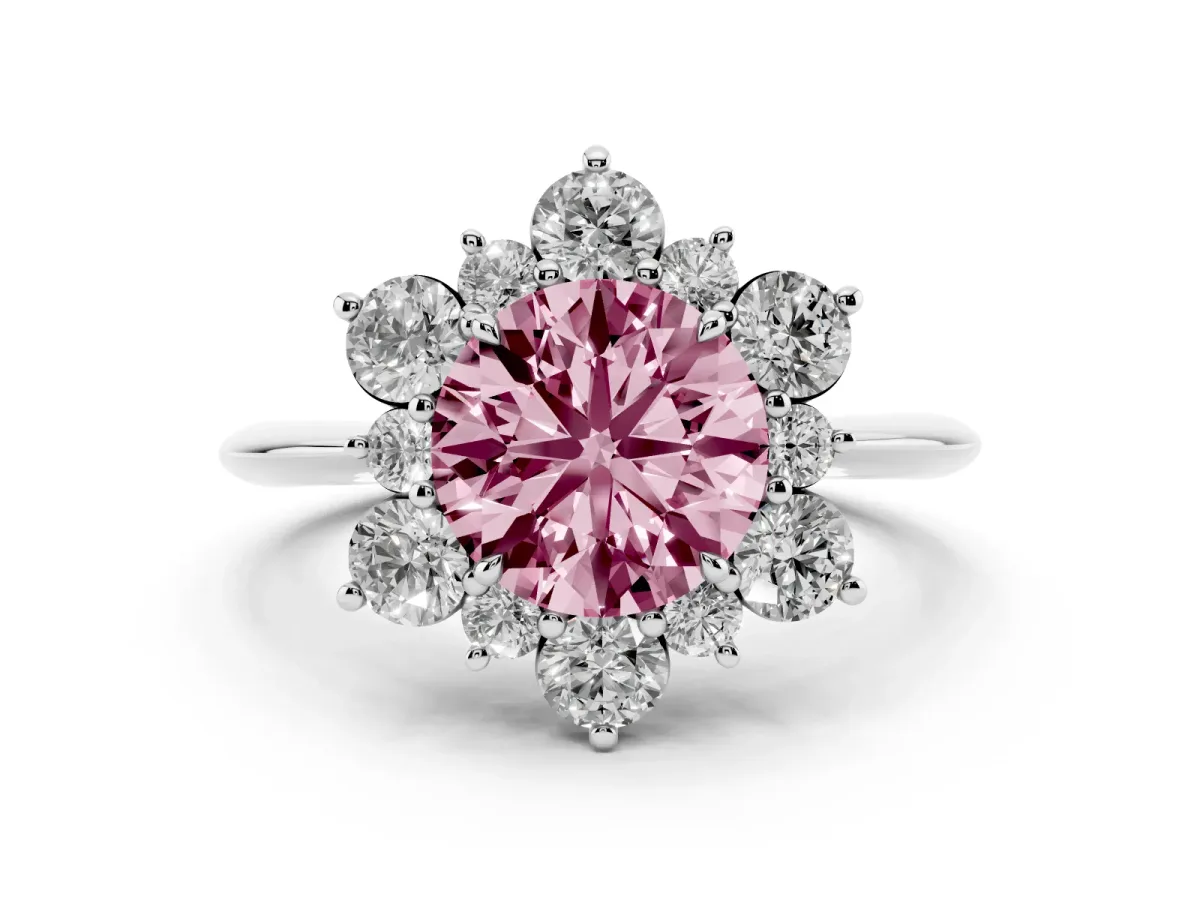 Fancy Pink Round Cut Diamond Cluster Halo Ring with Solitaire Band and Four-Prong Setting Silver