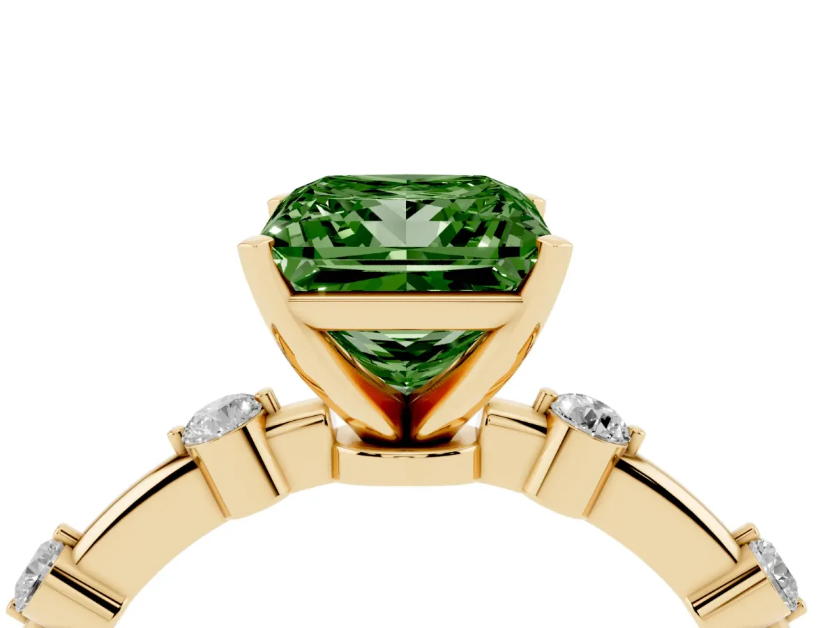Fancy Green Princess Cut Solitaire Diamond Ring with Bezel Set Side Stones and Prong Setting Yellow gold