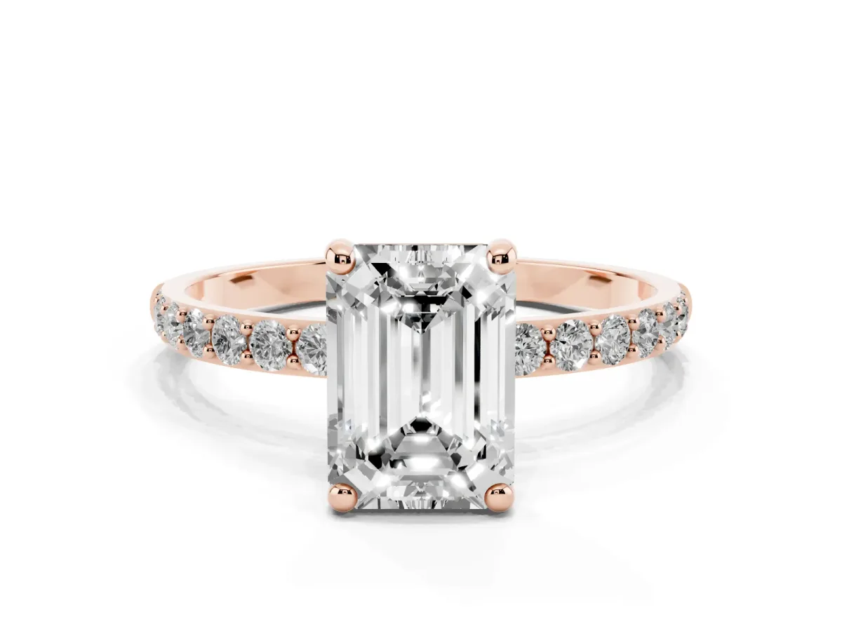 Emerald Cut Diamond Solitaire Ring with Round Pavé Band and Prong Setting Rose gold