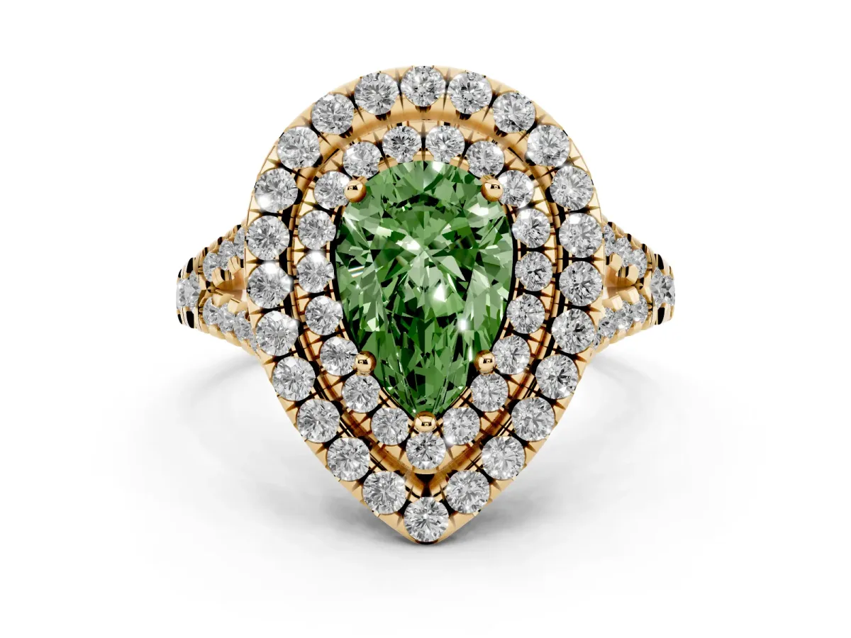 Fancy Green Double Halo Pear Cut Diamond Pavé Split Shank Ring with Prong Setting Yellow gold