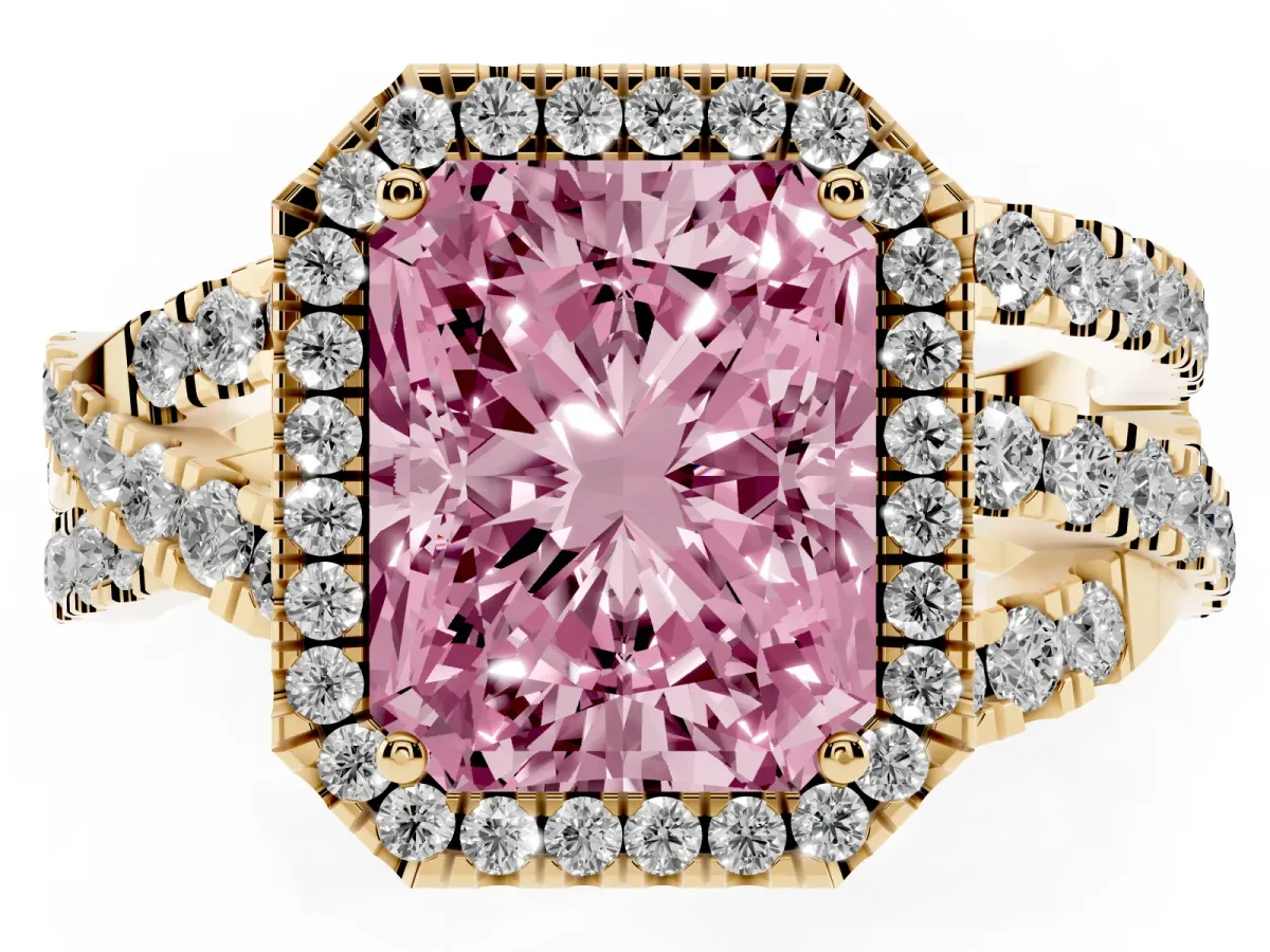 Fancy Pink Radiant Cut Diamond Halo Ring with Round Split Shank and Prong Setting Yellow gold